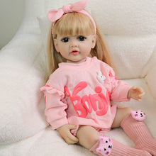 Cargar imagen en el visor de la galería, 22 Inch Full Vinyl Reborn Baby Girl - Blonde Wig, Blue Eyes, Gentle Paint &quot;Betty&quot; in Pink Bunny Print Long Sleeve Onesie
