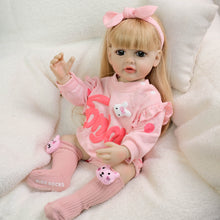 Cargar imagen en el visor de la galería, 22 Inch Full Vinyl Reborn Baby Girl - Blonde Wig, Blue Eyes, Gentle Paint &quot;Betty&quot; in Pink Bunny Print Long Sleeve Onesie
