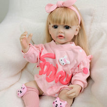Cargar imagen en el visor de la galería, 22 Inch Full Vinyl Reborn Baby Girl - Blonde Wig, Blue Eyes, Gentle Paint &quot;Betty&quot; in Pink Bunny Print Long Sleeve Onesie
