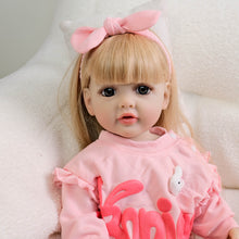 Cargar imagen en el visor de la galería, 22 Inch Full Vinyl Reborn Baby Girl - Blonde Wig, Blue Eyes, Gentle Paint &quot;Betty&quot; in Pink Bunny Print Long Sleeve Onesie
