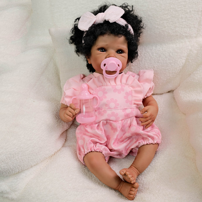 18 Inch African American Reborn Baby Doll Bettie - Dark Skin, Brown Eyes, Black Afro Curls & Pink Bubble Romper Outfit
