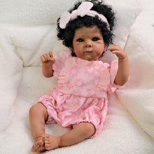 Load image into Gallery viewer, 18 Inch African American Reborn Baby Doll Bettie - Dark Skin, Brown Eyes, Black Afro Curls &amp; Pink Bubble Romper Outfit
