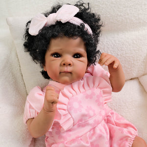 18 Inch African American Reborn Baby Doll Bettie - Dark Skin, Brown Eyes, Black Afro Curls & Pink Bubble Romper Outfit
