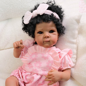 18 Inch African American Reborn Baby Doll Bettie - Dark Skin, Brown Eyes, Black Afro Curls & Pink Bubble Romper Outfit