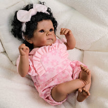 Load image into Gallery viewer, 18 Inch African American Reborn Baby Doll Bettie - Dark Skin, Brown Eyes, Black Afro Curls &amp; Pink Bubble Romper Outfit
