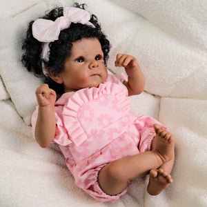 18 Inch African American Reborn Baby Doll Bettie - Dark Skin, Brown Eyes, Black Afro Curls & Pink Bubble Romper Outfit