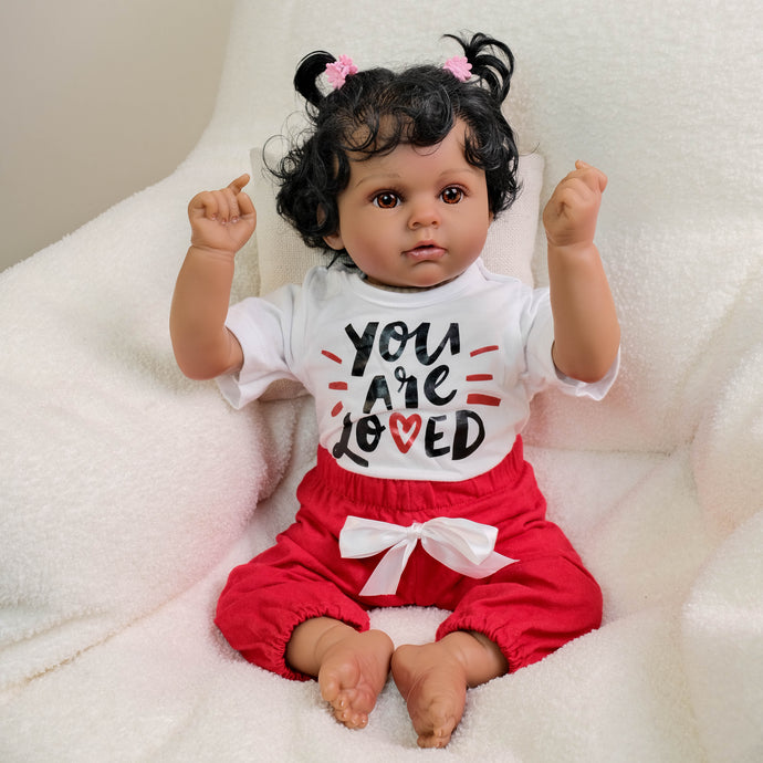 Lucy 20-Inch Reborn Baby Dolls Cloth Soft Body African American Reborn Toddler Doll - Curly Black Hair, Brown Eyes, Graphic Tee Outfit