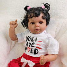 Load image into Gallery viewer, Lucy 20-Inch Reborn Baby Dolls Cloth Soft Body African American Reborn Toddler Doll - Curly Black Hair, Brown Eyes, Graphic Tee Outfit
