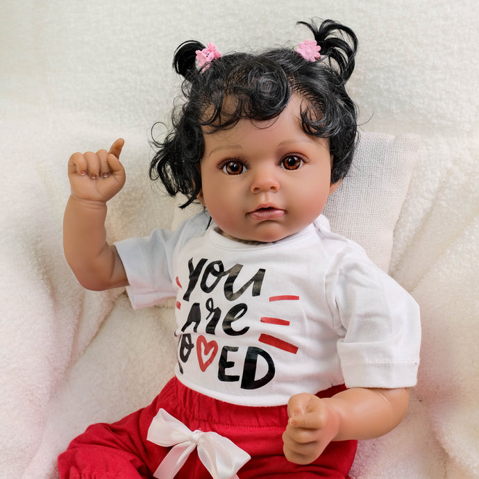 Lucy 20-Inch Reborn Baby Dolls Cloth Soft Body African American Reborn Toddler Doll - Curly Black Hair, Brown Eyes, Graphic Tee Outfit