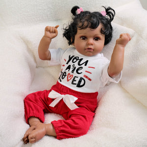 Lucy 20-Inch Reborn Baby Dolls Cloth Soft Body African American Reborn Toddler Doll - Curly Black Hair, Brown Eyes, Graphic Tee Outfit