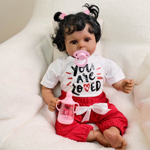 Lucy 20-Inch Reborn Baby Dolls Cloth Soft Body African American Reborn Toddler Doll - Curly Black Hair, Brown Eyes, Graphic Tee Outfit