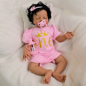 Dark Skin Reborn Toddler Doll with Black Curly Rooted Hair & Pink Gold Letter Romper - 19 Inch Cloth Body - Named August
