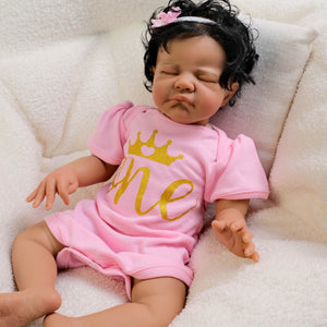 Dark Skin Reborn Toddler Doll with Black Curly Rooted Hair & Pink Gold Letter Romper - 19 Inch Cloth Body - Named August
