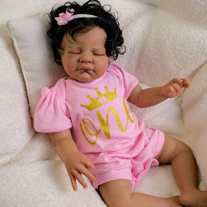 Dark Skin Reborn Toddler Doll with Black Curly Rooted Hair & Pink Gold Letter Romper - 19 Inch Cloth Body - Named August