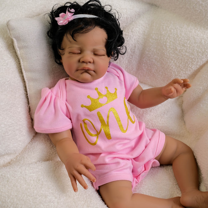Dark Skin Reborn Toddler Doll with Black Curly Rooted Hair & Pink Gold Letter Romper - 19 Inch Cloth Body - Named August