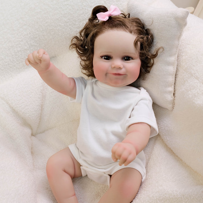 20 Inch Realistic Newborn Baby Doll Xmas Gift Toy Rooted Brown Curls, Brown Eyes & Blush-Pink Bib Setfor Kids Age 3+