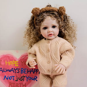 22 Inch Full Vinyl Reborn Baby Girl "Betty" - Blue Eyes & Tight Spiral Curl Wig (Gentle Paint, Everyday Chic)