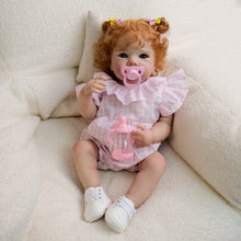 Cargar imagen en el visor de la galería, Red Curly Hair Blue Eyes Bettie Doll - 18 Inch Cloth Body Girl in Pink Gingham Romper with Peter Pan Collar - Collectible

