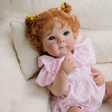 Cargar imagen en el visor de la galería, Red Curly Hair Blue Eyes Bettie Doll - 18 Inch Cloth Body Girl in Pink Gingham Romper with Peter Pan Collar - Collectible
