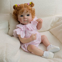 Cargar imagen en el visor de la galería, Red Curly Hair Blue Eyes Bettie Doll - 18 Inch Cloth Body Girl in Pink Gingham Romper with Peter Pan Collar - Collectible
