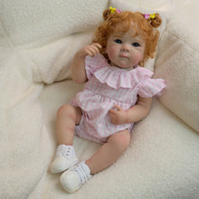 Cargar imagen en el visor de la galería, Red Curly Hair Blue Eyes Bettie Doll - 18 Inch Cloth Body Girl in Pink Gingham Romper with Peter Pan Collar - Collectible
