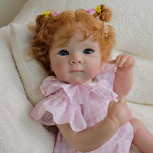 Cargar imagen en el visor de la galería, Red Curly Hair Blue Eyes Bettie Doll - 18 Inch Cloth Body Girl in Pink Gingham Romper with Peter Pan Collar - Collectible
