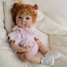 Cargar imagen en el visor de la galería, Red Curly Hair Blue Eyes Bettie Doll - 18 Inch Cloth Body Girl in Pink Gingham Romper with Peter Pan Collar - Collectible
