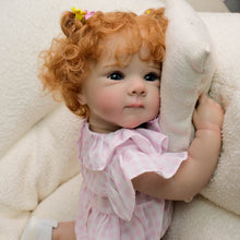 Cargar imagen en el visor de la galería, Red Curly Hair Blue Eyes Bettie Doll - 18 Inch Cloth Body Girl in Pink Gingham Romper with Peter Pan Collar - Collectible
