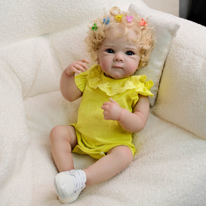 Blonde Curly Hair Bettie Reborn Baby Doll - 18" Cloth Body Girl in Yellow Romper with Flutter Sleeves & Round Collar - Blue Eyes