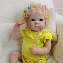 Cargar imagen en el visor de la galería, Blonde Curly Hair Bettie Reborn Baby Doll - 18&quot; Cloth Body Girl in Yellow Romper with Flutter Sleeves &amp; Round Collar - Blue Eyes
