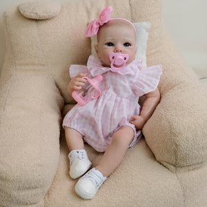 Bettie 18" Hand-Painted Pink Gingham Peter Pan Collar Bodysuit & Headband Doll - Cloth Body with Blue Glass Eyes, Rooted Hair Collector Art Doll