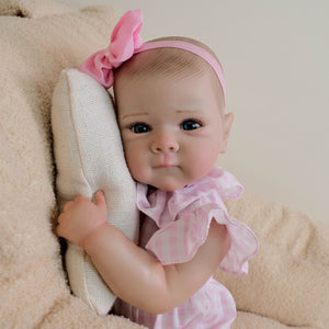 Bettie 18" Hand-Painted Pink Gingham Peter Pan Collar Bodysuit & Headband Doll - Cloth Body with Blue Glass Eyes, Rooted Hair Collector Art Doll
