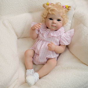 18 Inch Reborn Blonde Curly Hair Bettie Doll - Cloth Body Girl in Pink Gingham Romper, Peter Pan Collar - Blue Eyes Collectible Heirloom