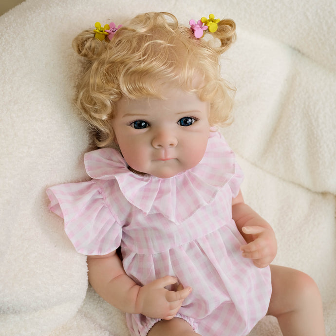 18 Inch Reborn Blonde Curly Hair Bettie Doll - Cloth Body Girl in Pink Gingham Romper, Peter Pan Collar - Blue Eyes Collectible Heirloom