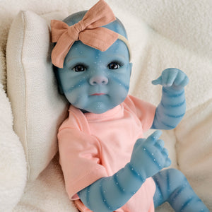 Bettie Avatar 18" Fantasy Vinyl Doll - Hand-Painted Blue Skin & Icy Blue Eyes | Pink Lace Bow-Dress + Floral Headband | Collector's Edition