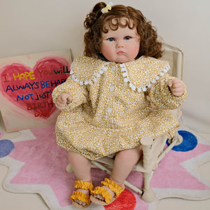 24 inch 60cm Exquisite Cloth Body Reborn Baby "Charlotte" - Implanted Brown Curly Hair, Full Limbs + Ditsy Floral Peter Pan Collar Dress Set