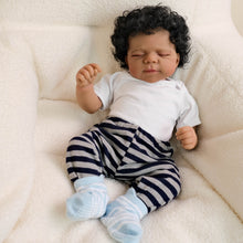 Cargar imagen en el visor de la galería, Pascale 48cm (19&quot;) Dark-Skinned Doll with Rooted Black Curly Hair - White Knit Top + Blue-Grey Striped Pants Outfit, Cloth Body Collector Doll
