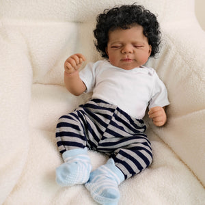 Pascale 48cm (19") Dark-Skinned Doll with Rooted Black Curly Hair - White Knit Top + Blue-Grey Striped Pants Outfit, Cloth Body Collector Doll