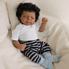 Cargar imagen en el visor de la galería, Pascale 48cm (19&quot;) Dark-Skinned Doll with Rooted Black Curly Hair - White Knit Top + Blue-Grey Striped Pants Outfit, Cloth Body Collector Doll

