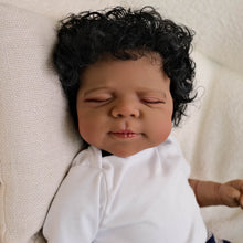 Cargar imagen en el visor de la galería, Pascale 48cm (19&quot;) Dark-Skinned Doll with Rooted Black Curly Hair - White Knit Top + Blue-Grey Striped Pants Outfit, Cloth Body Collector Doll
