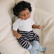Cargar imagen en el visor de la galería, Pascale 48cm (19&quot;) Dark-Skinned Doll with Rooted Black Curly Hair - White Knit Top + Blue-Grey Striped Pants Outfit, Cloth Body Collector Doll
