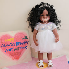 Load image into Gallery viewer, 55cm Full Vinyl Body Reborn Girl Doll &quot;Betty&quot; with Afro Kinky Curly Wig &amp; Blue Eyes | Wearing Blue Sequined Evening Gown with White Tulle Skirt, Fixed Straight Legs

