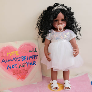 55cm Full Vinyl Body Reborn Girl Doll "Betty" with Afro Kinky Curly Wig & Blue Eyes | Wearing Blue Sequined Evening Gown with White Tulle Skirt, Fixed Straight Legs