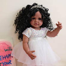 Load image into Gallery viewer, 55cm Full Vinyl Body Reborn Girl Doll &quot;Betty&quot; with Afro Kinky Curly Wig &amp; Blue Eyes | Wearing Blue Sequined Evening Gown with White Tulle Skirt, Fixed Straight Legs
