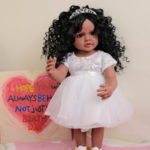 55cm Full Vinyl Body Reborn Girl Doll "Betty" with Afro Kinky Curly Wig & Blue Eyes | Wearing Blue Sequined Evening Gown with White Tulle Skirt, Fixed Straight Legs
