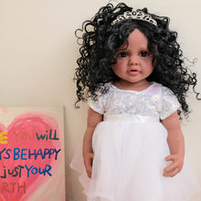 Load image into Gallery viewer, 55cm Full Vinyl Body Reborn Girl Doll &quot;Betty&quot; with Afro Kinky Curly Wig &amp; Blue Eyes | Wearing Blue Sequined Evening Gown with White Tulle Skirt, Fixed Straight Legs
