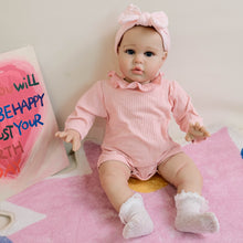 Load image into Gallery viewer, 24&quot; Reborn Doll Ellie with Hand-Painted Hair &amp; Blue Eyes | Soft Cloth Body, Pink Romper &amp; Headband

