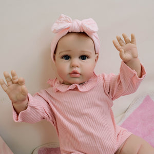 24" Reborn Doll Ellie with Hand-Painted Hair & Blue Eyes | Soft Cloth Body, Pink Romper & Headband