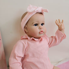Load image into Gallery viewer, 24&quot; Reborn Doll Ellie with Hand-Painted Hair &amp; Blue Eyes | Soft Cloth Body, Pink Romper &amp; Headband
