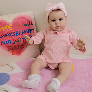 24" Reborn Doll Ellie with Hand-Painted Hair & Blue Eyes | Soft Cloth Body, Pink Romper & Headband